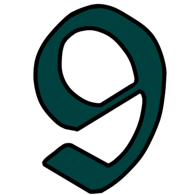 a gothic-style teal-coloured arabic numeral 9.